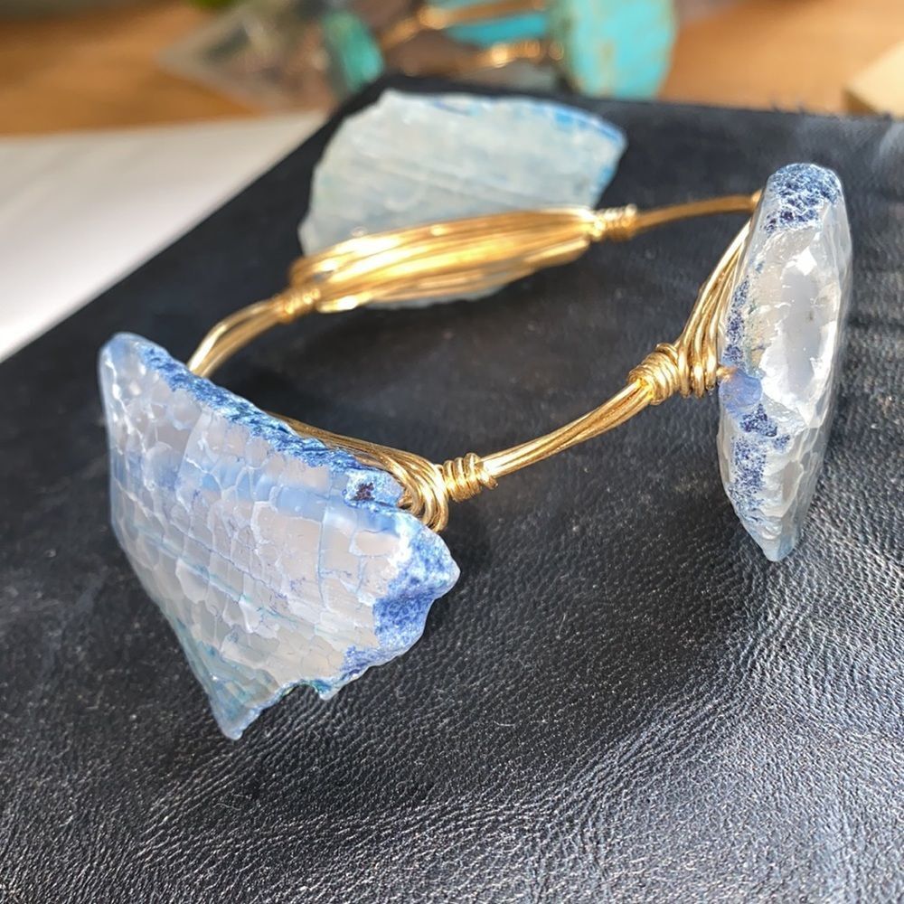 New Raw/Druzy Blue Agate Quartz Gold Wire Bangle